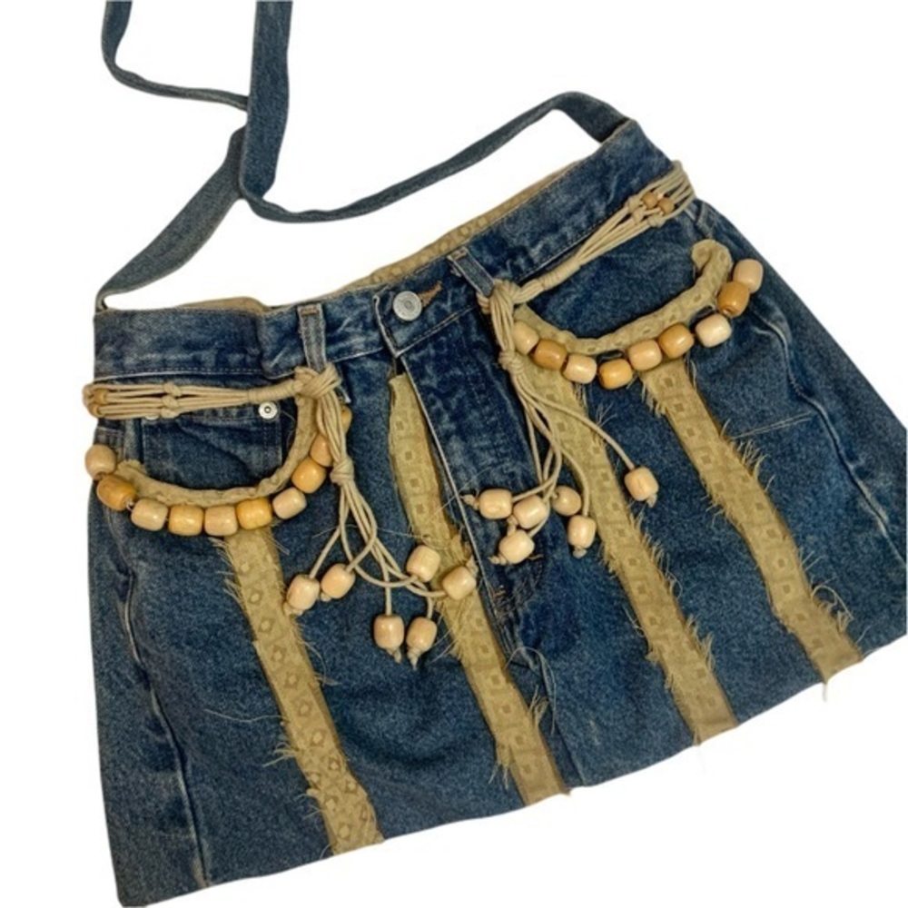 Vintage Boho Handmade Blue Denim Jean Crossbody Beaded Bag Festival Hippie